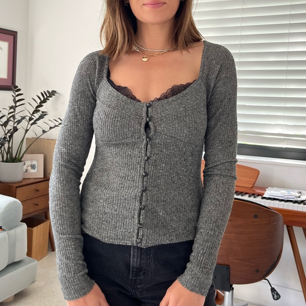 Anthropologie Gray Long Sleeve Lace Detail